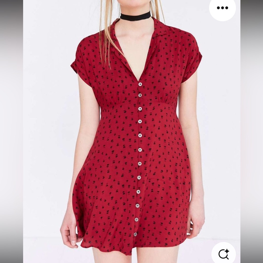 Kimchi Blue Burgundy Mini Button-Front Dress with Black Microprint